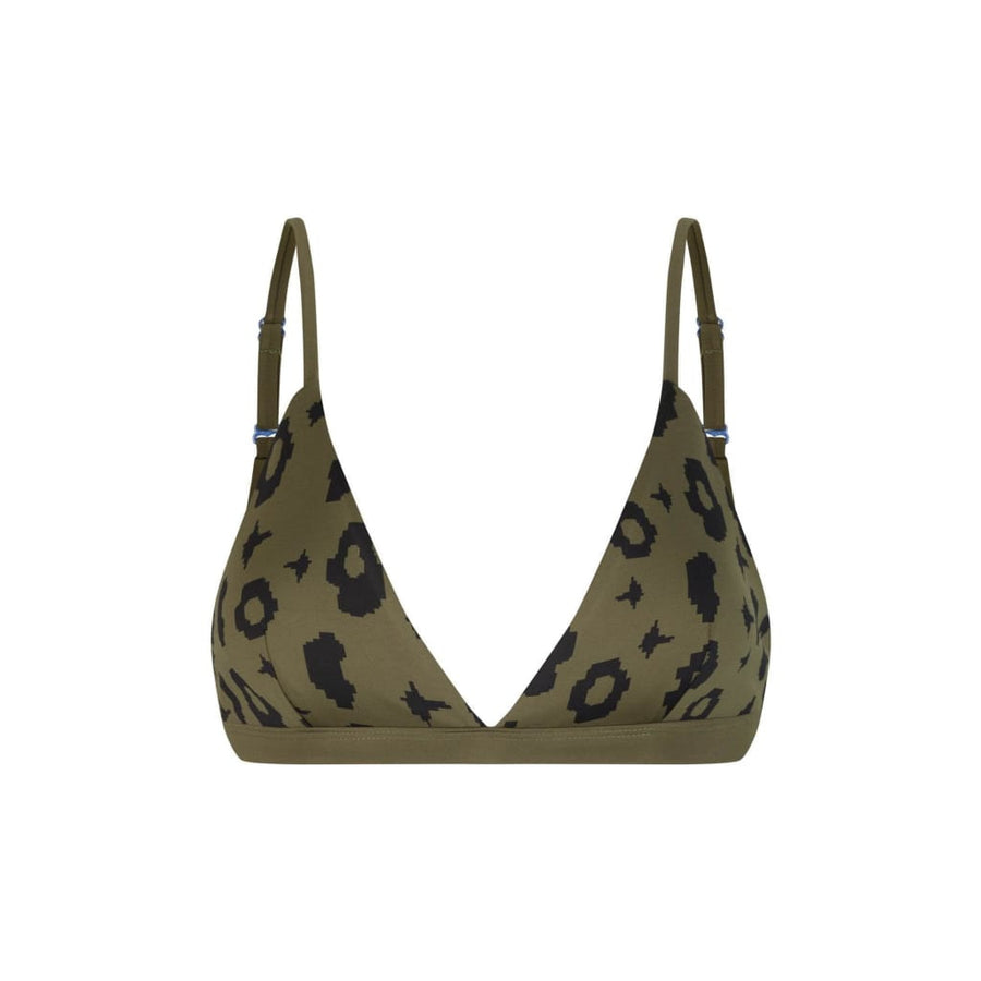 nachhaltige bikini top amami green leopard moss, sustainable swimwear, reversible swimwear