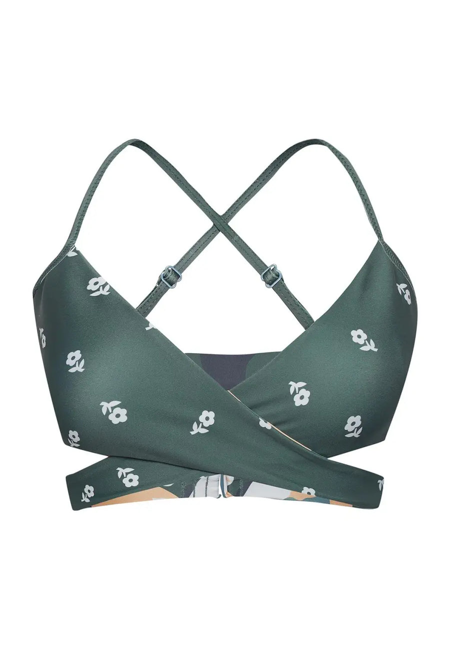 boochen sustainable surf bikini Top Arpoador style in green flower print