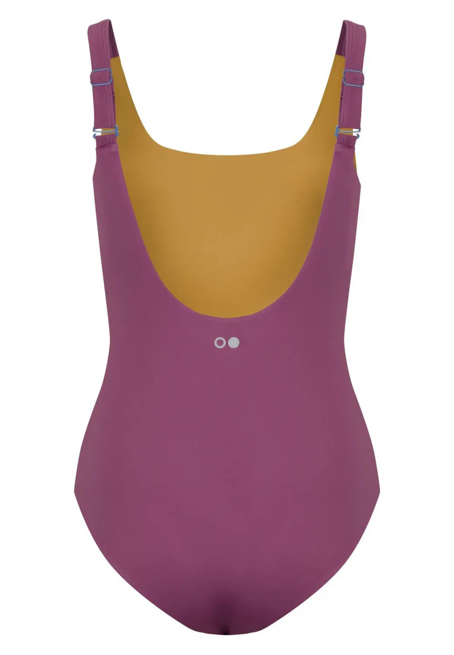 boochen eco-friendly swimsuit in lila yellow senf color, sustainable fashion, sustainable swimsuit, yoga, nachhaltige swimsuit im lila Geld, colorblocking